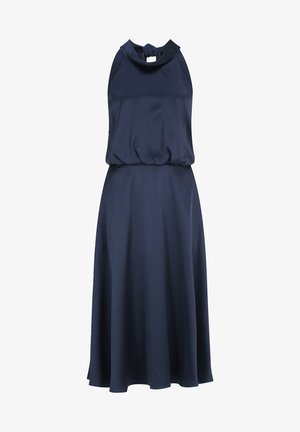 Navyblaues Kleid, ärmellos mit hohem Halsausschnitt und Bindegürtel. Ausgestellt geschnitten mit glatter Textur, hergestellt aus fließendem Stoff.