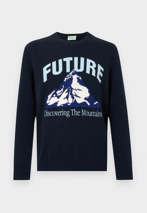 Marineblauer Pullover aus Strickstoff mit einem Grafikdesign eines Berges und dem Text "FUTURE Discovering The Mountains."