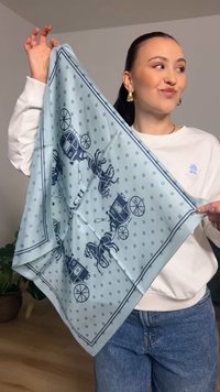 Light blue silk scarf featuring a horse-drawn carriage and polka dot pattern. Edges are bordered with a darker blue trim.