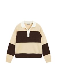 Sweter z kołnierzykiem z beżowymi i ciemnobrązowymi poziomymi paskami, wykonany z miękkiego materiału, z ściągaczami na mankietach i dolnym brzegu. Zapięcie na trzy guziki.