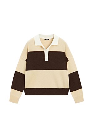 Sweter z kołnierzykiem z beżowymi i ciemnobrązowymi poziomymi paskami, wykonany z miękkiego materiału, z ściągaczami na mankietach i dolnym brzegu. Zapięcie na trzy guziki.