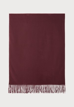 Bordo šal napravljen od mekanog materijala, sa glatkom teksturom i dugim, ravnim resicama duž donjeg ruba.
