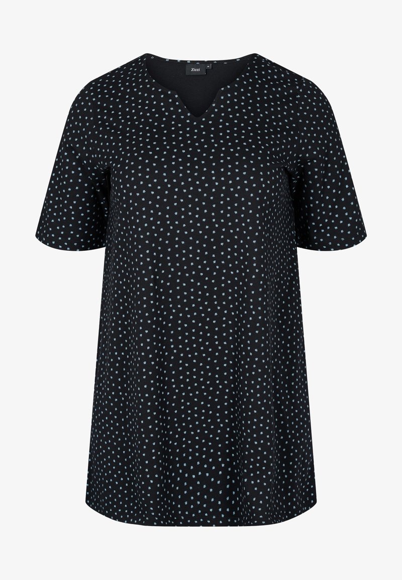 Haut noir à manches courtes avec encolure en V, motif à pois bleu clair, coupe décontractée et tissu doux avec légère élasticité.