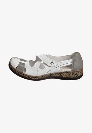 White and gray leather shoe with cut-out design, Velcro strap, cork-like sole, rounded toe, and textured accents.