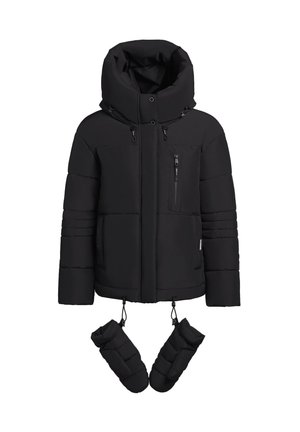 Jachetă puffer neagră cu guler înalt, fermoar complet pe față, buzunar pe piept cu fermoar, manșete elastice și mănuși detașabile. Textură netedă și design izolat.