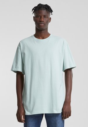 Lyse mintgrønn T-skjorte laget av myk bomull, med rund hals, korte ermer og en avslappet passform. Minimalistisk design, uten mønstre.