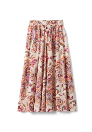 Midirock mit gerafftem Taillenbund, mit einem mehrfarbigen Paisley-Muster in Pink-, Orange-, Lila- und Braun-Tönen auf beigem Hintergrund.