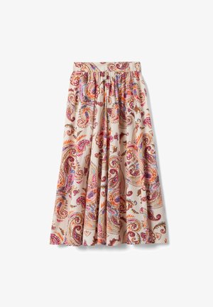 Gonna midi con vita arricciata, con motivo paisley multicolore in tonalità di rosa, arancione, viola e marrone su sfondo beige.