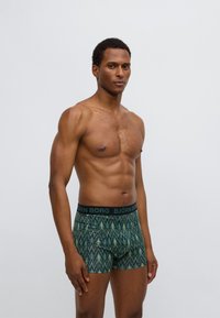 Zelené boxerky s vzorem, s černým pasem, na kterém je nápis "BJÖRN BORG". Látka působí hladce, s přiléhavým střihem a minimem švů.