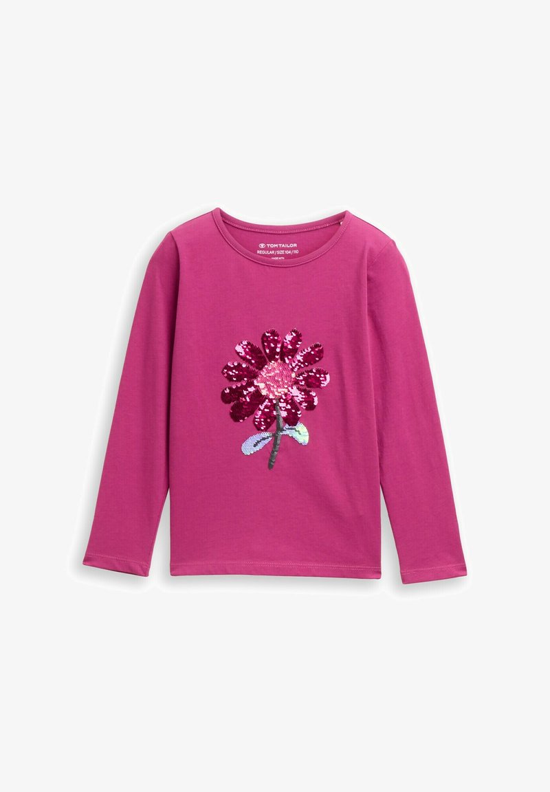 Roze langemouwen T-shirt met een florale print van pailletten in tinten roze, met groene en blauwe accenten op de bloemsteel.