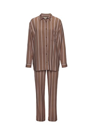 Braun gestreiftes Schlafanzug-Set bestehend aus einem kurzärmligen Hemd mit Brusttasche und passenden Hosen mit lockerer Passform. Weicher, leichter Stoff.