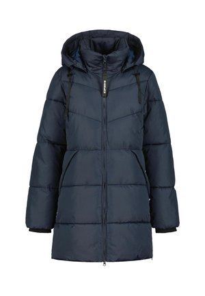 Navy puffer coat with a high collar, adjustable hood, front zipper, side pockets, and ribbed cuffs, featuring a quilted design.