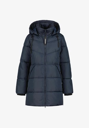 Navy puffer coat with a high collar, adjustable hood, front zipper, side pockets, and ribbed cuffs, featuring a quilted design.