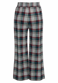 Gray wide-leg pants with a checkered pattern in red, blue, and dark green. Features an elastic waistband. Made of soft fabric.