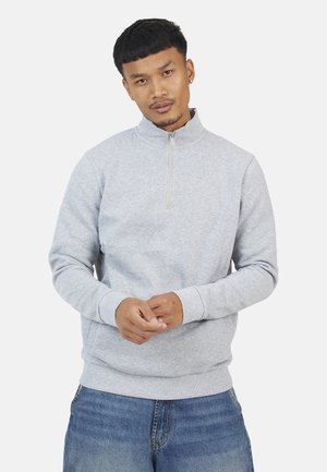 Sweatshirt à col zippé gris clair fabriqué en matériau doux, avec des manches longues, des poignets côtelés et une coupe décontractée. Design décontracté avec un minimum de détails.