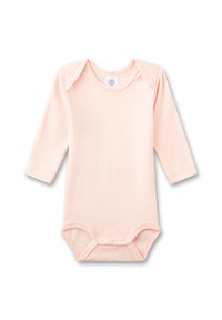 Lange mouwen roze romper van zachte stof, met een ronde halslijn en drukknoopsluitingen onderaan voor gemakkelijke aankleding.