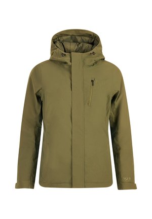 Olive green hooded waterproof jacket with front zipper, chest pocket zipper, and adjustable hood toggles, designed for cold weather.