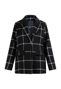 Černobílý kostkovaný blazer s dvěma předními kapsami, uzávěrem na jeden knoflík a klopovým límcem. Vyrobený z texturované látky, bez podšívky.