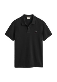 Black short-sleeve polo shirt with two-button placket and small embroidered GANT logo on the left chest.