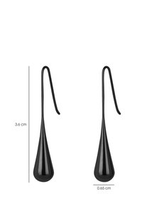 Zwarte metalen hangers, 3,6 cm lang en 0,65 cm breed, met een slanke, taps toelopende vorm en een gladde, glanzende afwerking.