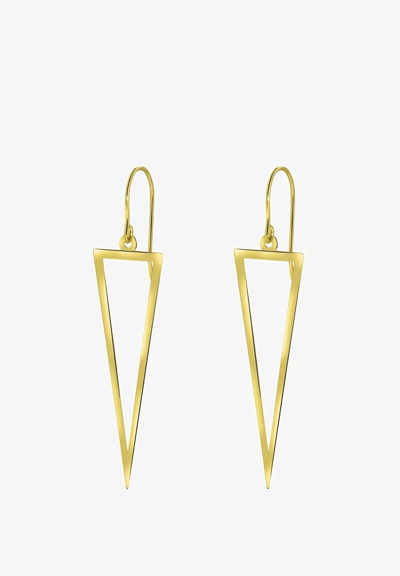 Paire de boucles d'oreilles pendantes en or avec des formes triangulaires ouvertes et allongées et des crochets simples sur fond blanc uni.