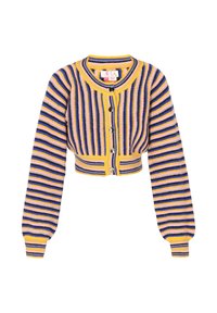 Geknipte cardigan in ribbeltricot met afwisselende strepen van geel, paars en roze. Voorzien van een ronde hals en zwarte knopen.