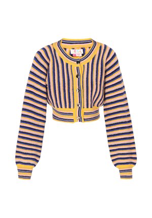 Cropped cardigan in ribbed knit with alternating stripes of yellow, purple, and pink. Features a round neck and black buttons.