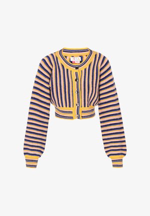Geknipte cardigan in ribbeltricot met afwisselende strepen van geel, paars en roze. Voorzien van een ronde hals en zwarte knopen.