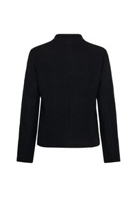 Veste blazer noire à manches longues vue de dos avec un col simple et une coupe cintrée.