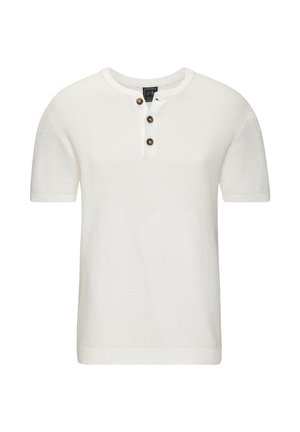 Short-sleeve white knitted shirt with a round neckline and three brown buttons on the front placket.