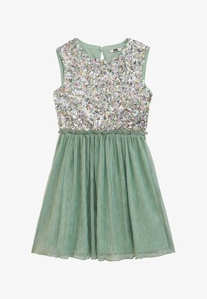 Vestido de lentejuelas con corpiño verde menta y falda acampanada y plisada. Presenta un escote redondo y un cierre con botón en forma de ojo de cerradura en la parte trasera.