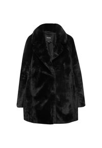 Zwarte nepbontjas met een gesneden kraag, enkele knoopsluiting aan de voorkant en een pluizige textuur. Lange mouwen en een ontspannen pasvorm.