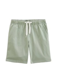 Shorts vert clair en coton, dotés d'une taille élastique avec un cordon blanc et de poches latérales. Texture lisse, design décontracté.