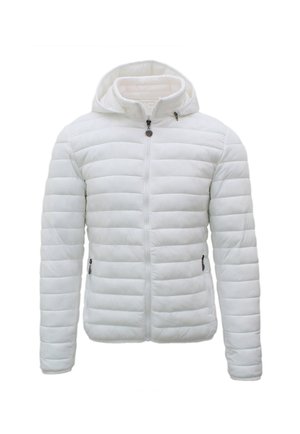 Giacca bianca trapuntata con cappuccio, zip frontale e tasche laterali con zip, progettata per il freddo.