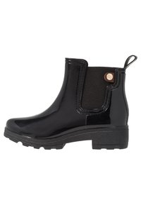 Stivale da pioggia nero, materiale lucido, altezza alla caviglia, pannelli elasticizzati sui lati, linguetta, suola testurizzata, punta rotonda, design minimalista, stile versatile.
