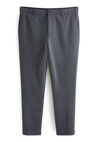Schiefergraue, maßgeschneiderte Hose mit feiner Textur, schmal zulaufendem Bein, Seitentaschen und Knopfverschluss.