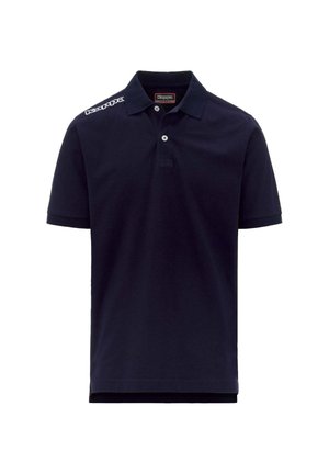 Polo blu marino in cotone, con collare a tre bottoni, maniche corte e un logo sulla spalla. Texture liscia.