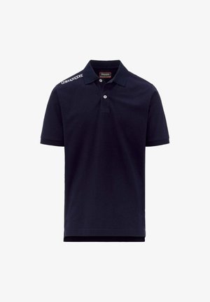 Polo-shirt bleu marine en coton, avec une patte de boutonnage à trois boutons, des manches courtes et un accent logo sur l'épaule. Texture lisse.