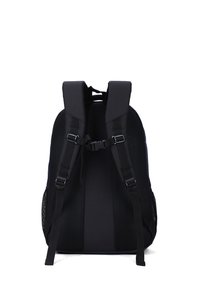 Sac à dos noir avec dos en maille rembourrée, bretelles ajustables et poches latérales en mesh. Tissu lisse avec coutures renforcées pour une durabilité optimale.
