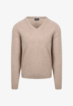 Beige trui met een V-hals ontwerp, gemaakt van zacht materiaal. Het heeft lange mouwen, geribde manchetten en een geribde zoom voor een extra textuur.