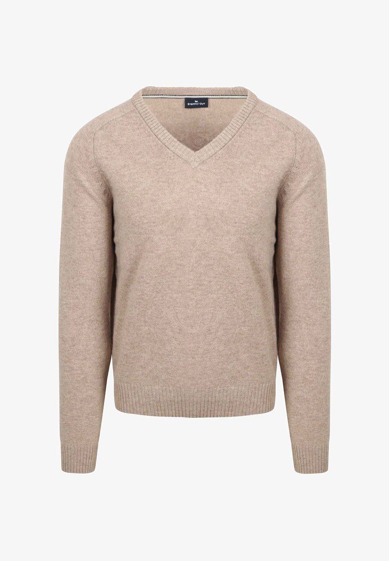 Beige Pullover mit V-Ausschnitt, aus weichem Stoff gefertigt. Er hat lange Ärmel, gerippte Bündchen und einen gerippten Saum für zusätzlichen Textur.