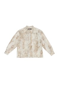 Camisa de botones en color beige claro con un patrón texturizado, similar a un mosaico. Presenta mangas largas y un cuello clásico para un ajuste relajado.