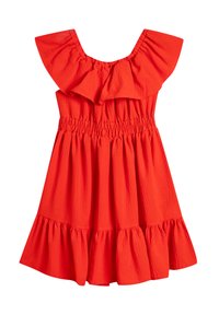 Rotes Kleid mit Rüschenausschnitt, elastischem Bund und ausgestellt Rock. Strukturierter Stoff mit mehrlagigem Saum. Kurze, weite Ärmel.