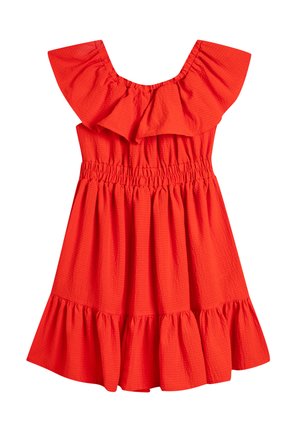 Robe rouge avec un col à volants, une taille élastiquée et une jupe évasée. Tissu texturé avec un ourlet superposé. Manches courtes et larges.