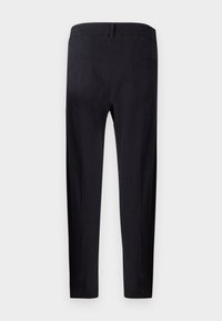 Black pants with an elastic waistband, featuring a smooth texture, slim fit design, and two back pockets.