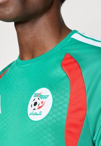 Camisa atlética verde com detalhes em vermelho e um logo redondo com uma bola de futebol e uma estrela. Feita de um tecido suave e respirável.