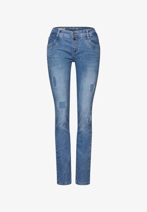 Lichtblauwe denim jeans met een slim fit, voorzien van twee zijzakken en versleten plekken in verschillende vormen op de benen. Dubbele knopen sluiting.
