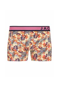 Pantaloni boxer con una vivace stampa floreale, dotati di una cintura elastica rosa e blu, realizzati in un tessuto liscio e elasticizzato. Presentano motivi dettagliati.