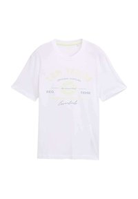 T-shirt en coton blanc avec un col rond, des manches courtes et du texte imprimé en couleurs claires sur le devant. Coupe classique, design simple.