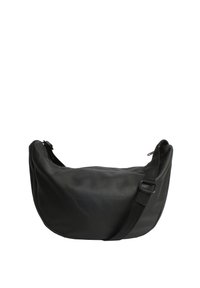 Borsa a spalla nera, con una texture morbida, realizzata in materiale resistente, caratterizzata da una forma curva e una tracolla regolabile per un trasporto comodo.